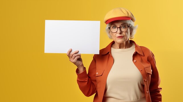 Engagierte Seniorin mit oranger Kleidung hält weißes Protestschild hoch - Studiohintergrund, 