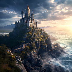 Fantasy castle on a cliff overlooking the sea.