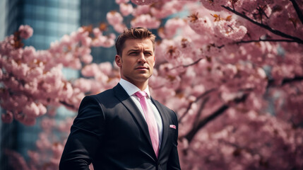 Modern happy young smiling business man against the backdrop of pink cherry blossoms and metropolis city. - obrazy, fototapety, plakaty