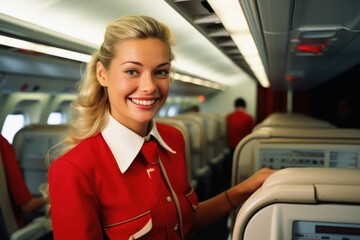 A friendly stewardess at work in a plane.