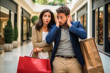 A stressed man with his wife shopping. - obrazy, fototapety, plakaty