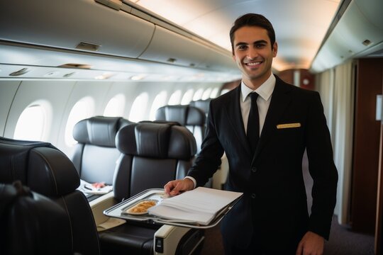 A steward at work in first class in a plane.