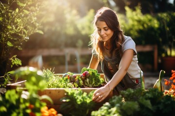 A woman while gardening in a raised bed.