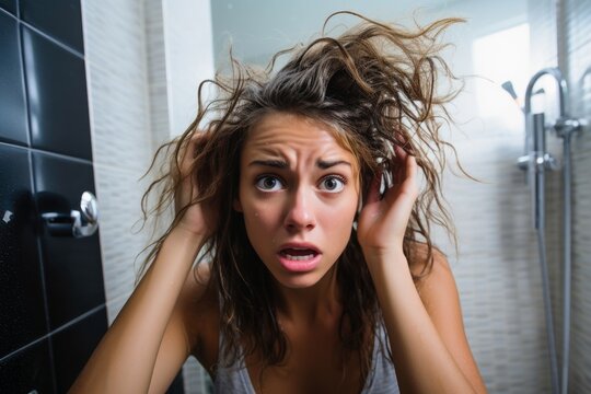 A woman in a bathroom having a bad hair day.