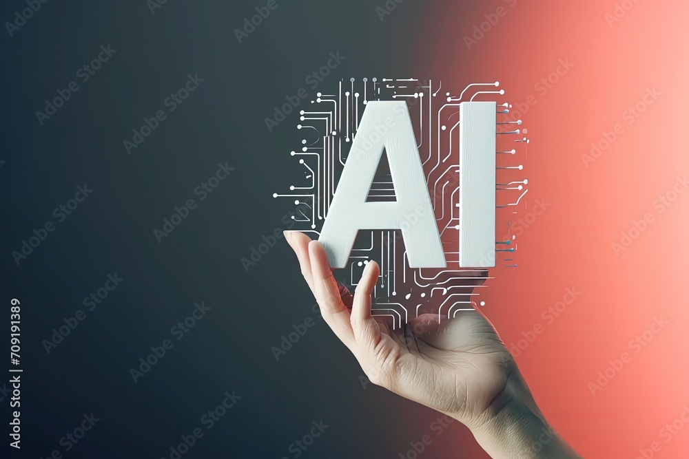 Poster ai symbol in circuit design held by a hand against a red gradient.