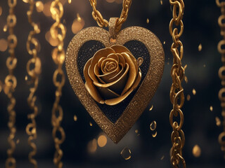 A  gold rose with many petals is in the center of a gold hart . That heart is hanging on the chain. blur background 