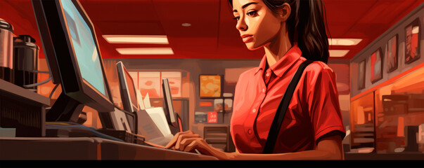 Illustration A diligent female cashier in a red polo shirt works the terminal at a fast food restaurant. Efficiency and customer service. Payment terminals - obrazy, fototapety, plakaty