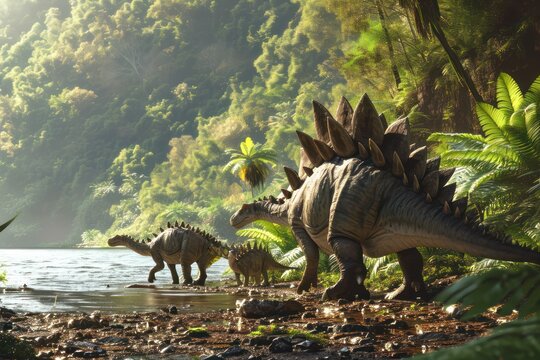 Fototapeta Stegosaurus herd in a lush forest, highlighting a diverse and thriving prehistoric ecosystem.