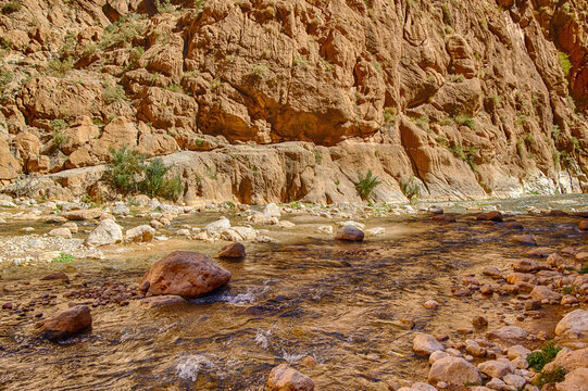 Todra River as it passes through the Todra Gorges in Morocco.