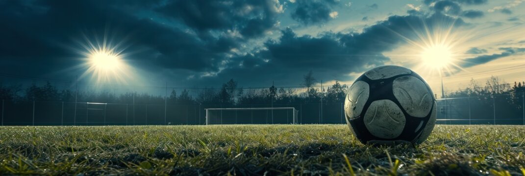 Aged soccer ball on the field under dramatic sunlight with dark clouds and goal in the background