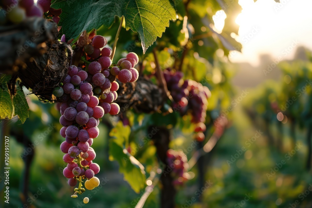 Poster grapes transitioning from green to red in a vineyard, basking in the soft sunrise