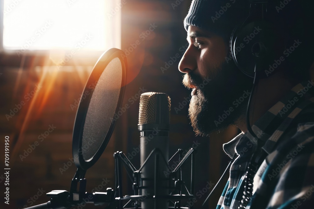 Poster Man in beanie podcasting with studio microphone and pop filter, warm sunlight streaming.