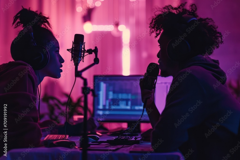 Poster podcast hosts recording with vibrant purple backlighting, dynamic and modern studio environment