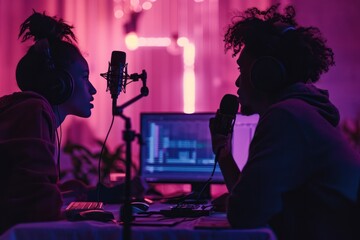 podcast hosts recording with vibrant purple backlighting, dynamic and modern studio environment - obrazy, fototapety, plakaty