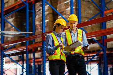 engineers taking notes using tablets in a large industrial warehouse. Workers in safety clothing inspect equipment in warehouses for authenticity, manufacturing and export industry concepts.