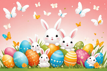 Obraz premium White Easter bunny rabbits in different poses and Easter eggs illustration on the color background. Generative Ai