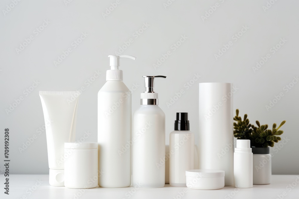 Wall mural mockup of beauty bottle lotion product with set of realistic cosmetic white container, skin care hea