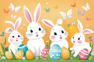 Obraz na płótnie Canvas White Easter bunny rabbits in different poses and Easter eggs illustration on the color background. Generative Ai