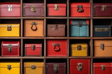 Colorful logistics delivery boxes in stocked warehouse for efficient inventory management.