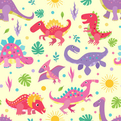 Fototapeta na wymiar Seamless pattern with fun colored dinosaurs on a yellow background. For children's fabric design, wallpaper, wrapping paper, prints, posters, scrapbooking, etc. Vector illustration