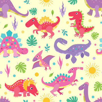 Seamless pattern with fun colored dinosaurs on a yellow background. For children's fabric design, wallpaper, wrapping paper, prints, posters, scrapbooking, etc. Vector illustration