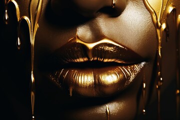 A womans mouth in close up with a liquid golden make up.