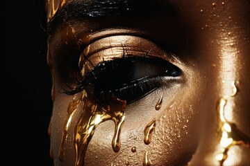 A womans face with tearsof gold.