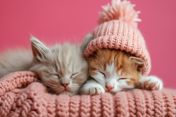 Very cute cat and kitten sleeping together isolated pastel background