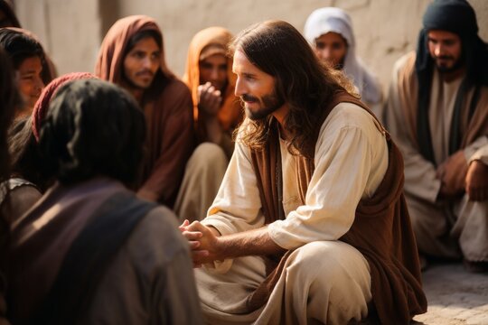 Jesus christ praying with people.