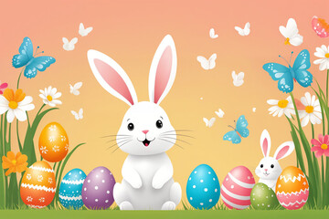 White Easter bunny rabbits in different poses and Easter eggs illustration on the color background. Generative Ai