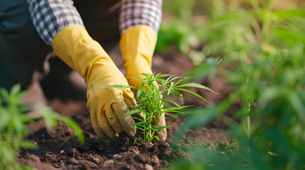 Fototapeta premium Person pflanzt Cannabis-Pflanze im Garten - Cannabis Anbau 