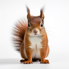 Obraz premium a cute squirrel facing the camera, the tail behind it, on a white background created with Generative Ai