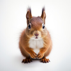 Obraz premium a cute squirrel facing the camera, the tail behind it, on a white background created with Generative Ai