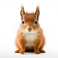Obraz premium a cute squirrel facing the camera, the tail behind it, on a white background created with Generative Ai