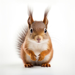Obraz premium a cute squirrel facing the camera, the tail behind it, on a white background created with Generative Ai