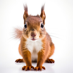 Obraz premium a cute squirrel facing the camera, the tail behind it, on a white background created with Generative Ai