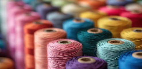 a spool of colorful threads and spools - obrazy, fototapety, plakaty