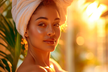 Fototapeta premium Soft Spa Moments: A Woman's Radiant Skin in Golden Light