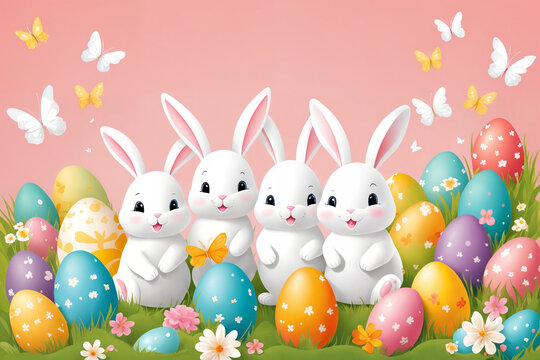 White Easter bunny rabbits in different poses and Easter eggs illustration on the color background. Generative Ai
