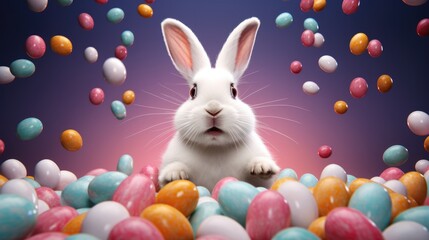 white bunny is jumping away from colorful eggs.