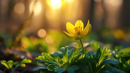 yellow winter aconite flower in beautiful forest with sunlight