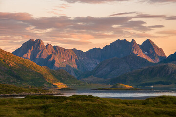 Inlet of a fjord, Selfjord, with a panorama of mountains, Lofoten, Norway. Midnight sun light....