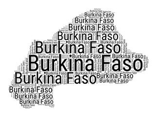Black and white word cloud in Burkina Faso shape. Simple typography style country illustration. Plain Burkina Faso black text cloud on white background. Vector illustration.