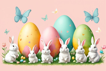 Naklejka na ściany i meble White Easter bunny rabbits in different poses and Easter eggs illustration on the color background. Generative Ai