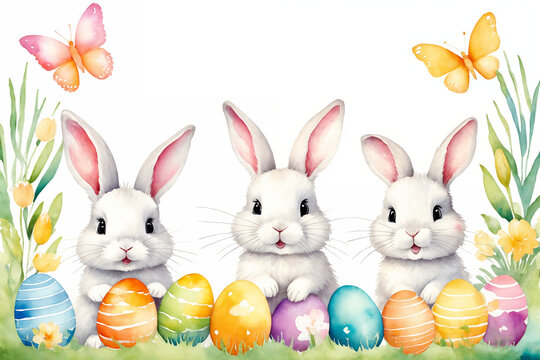 White Easter bunny rabbits in different poses and Easter eggs illustration on the color background. Generative Ai