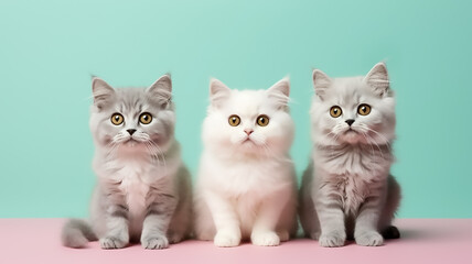 Three cats looking into the camera pastel background