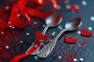 a silver spoon and fork are next to a red ribbon