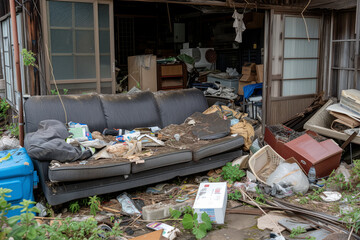 A cluttered and messy outdoor area with discarded items and debris, sofa