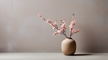 Minimalist elegance: Vase with floral sprigs beside a beige stucco wall. Modern living room decor with ample copy space, perfect for home and interior design projects.