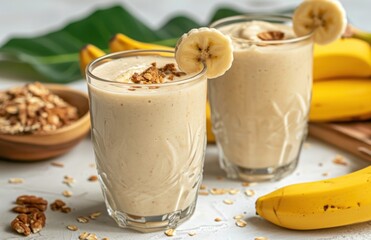 a vegan banana smoothie is shown in glasses